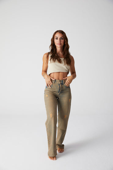 STRAIGHT JEANS - MIRVA YELLOW WASHED BLUE JEANS